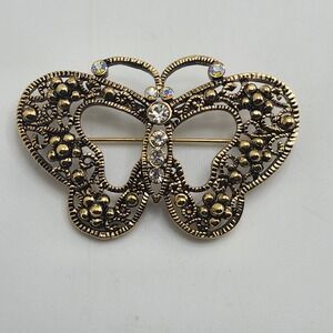 Vintage Art‎ Deco Gold Tone Clear & Amber Glass Rhinestone Butterfly Brooch/ Pin